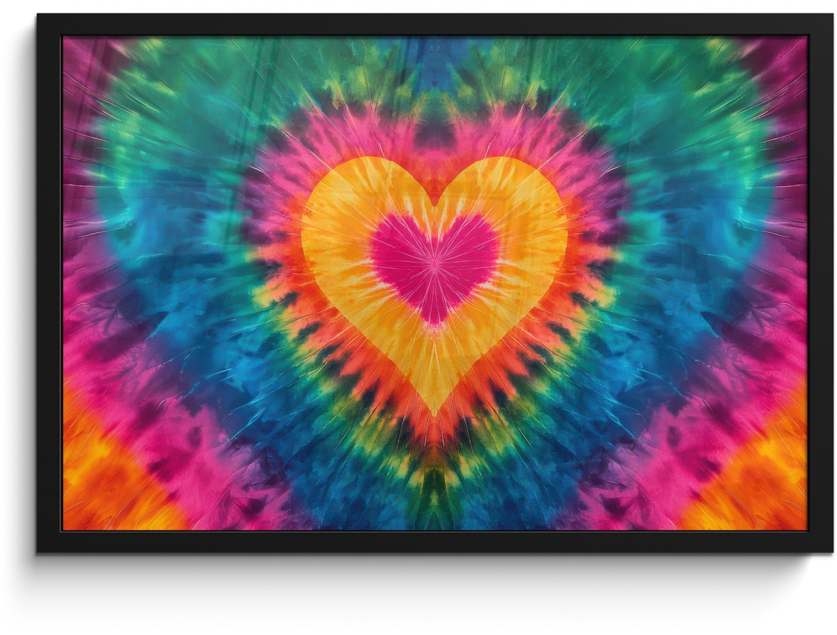 FrameYourWall Poster in lijst - Fotolijst 60x40 cm - Posters - Hart - Tie Dye - Kleurrijk - Posterlijst zwart - Decoratie - Wanddecoratie woonkamer - Muurdecoratie slaapkamer Multicolor