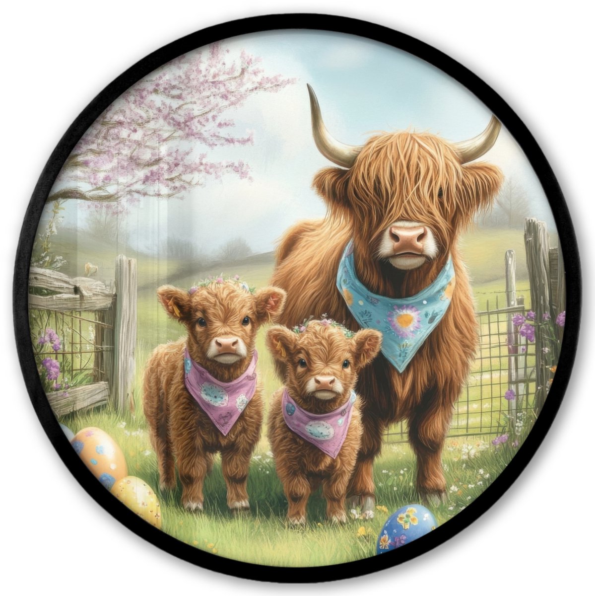 FrameYourWall Poster in lijst Rond - Fotolijst 40x40 cm - Posters - Schotsehooglanders - Paaseieren - Lente - Ronde posterlijst zwart - Decoratie - Wanddecoratie woonkamer - Muurdecoratie slaapkamer Schotse hooglanders - Pasen