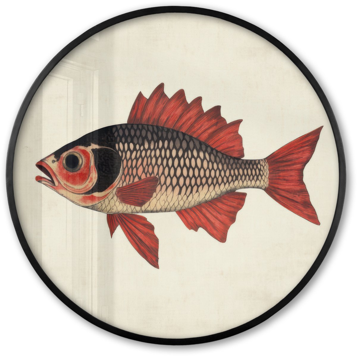 FrameYourWall Poster in lijst Rond - Fotolijst 60x60 cm - Posters - Schubben - Rood - Vis - Vinnen - Ronde posterlijst zwart - Decoratie - Wanddecoratie woonkamer - Muurdecoratie slaapkamer Vis - Vinnen - Schubben