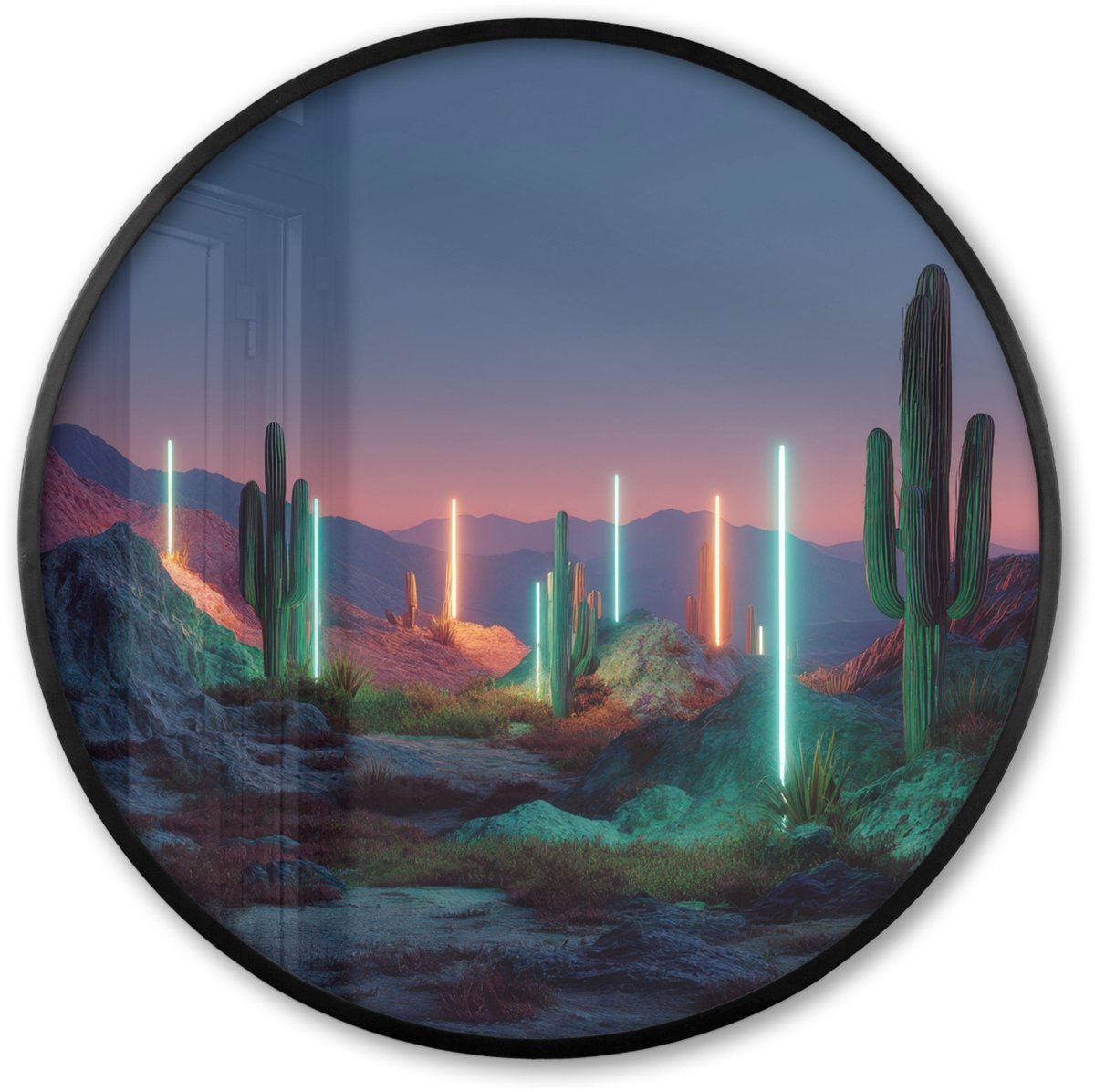 FrameYourWall Poster in lijst Rond - Fotolijst 60x60 cm - Posters - Cactus - Lichtzuilen - Zonsondergang - Ronde posterlijst zwart - Decoratie - Wanddecoratie woonkamer - Muurdecoratie slaapkamer