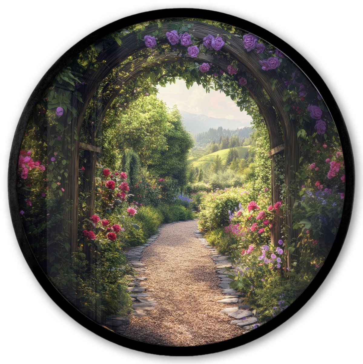 FrameYourWall Poster in lijst Rond - Fotolijst 40x40 cm - Posters - Doorkijk - Landschap - Bloemen - Tuinboog - Natuur - Ronde posterlijst zwart - Decoratie - Wanddecoratie woonkamer - Muurdecoratie slaapkamer Tuinboog - Bloementuin