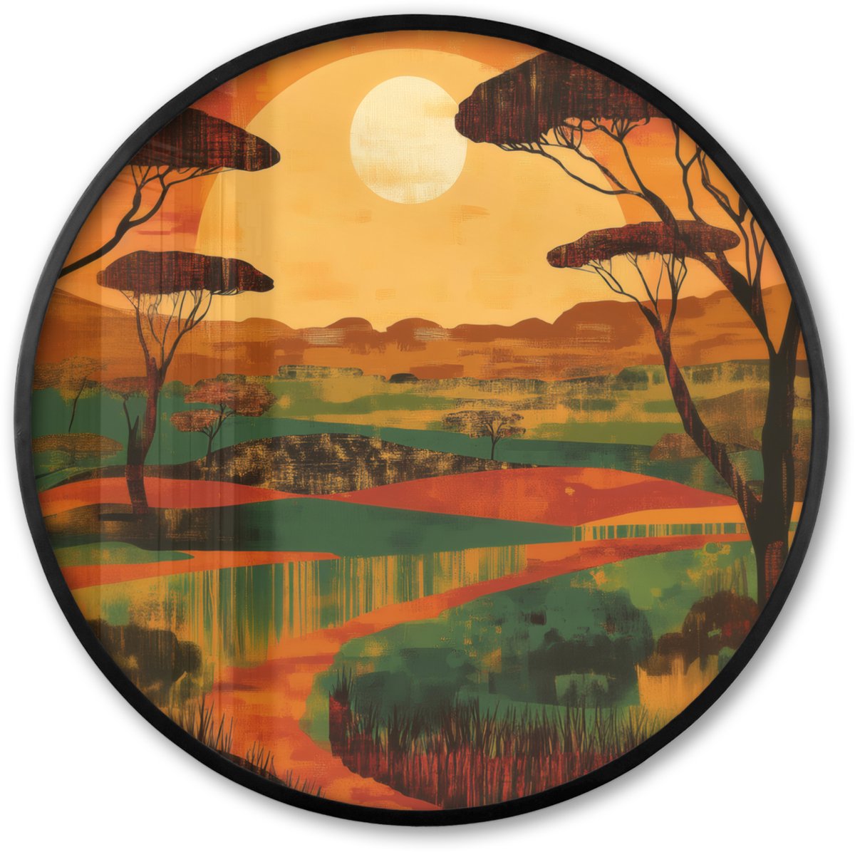 FrameYourWall Poster in lijst Rond - Fotolijst 60x60 cm - Posters - Landschap - Afrikaans - Zon - Ronde posterlijst zwart - Decoratie - Wanddecoratie woonkamer - Muurdecoratie slaapkamer Landschap - Zon