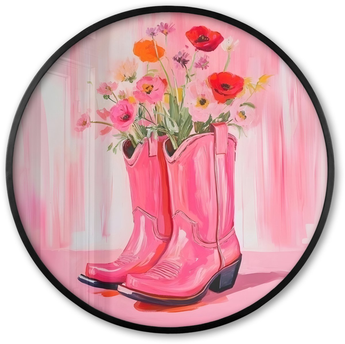 FrameYourWall Poster in lijst Rond - Fotolijst 60x60 cm - Posters - Roze - Bloemen - Cowboy - Ronde posterlijst zwart - Decoratie - Wanddecoratie woonkamer - Muurdecoratie slaapkamer Cowboylaarzen