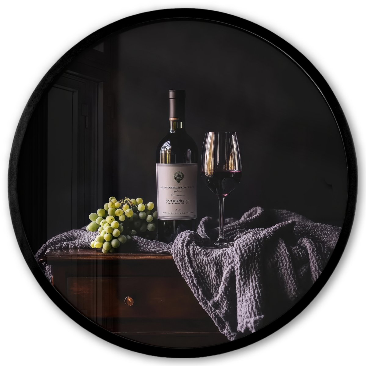 FrameYourWall Poster in lijst Rond - Fotolijst 40x40 cm - Posters - Druiven - Wijn - Rood - Tafel - Ronde posterlijst zwart - Decoratie - Wanddecoratie woonkamer - Muurdecoratie slaapkamer Rode - Wijn