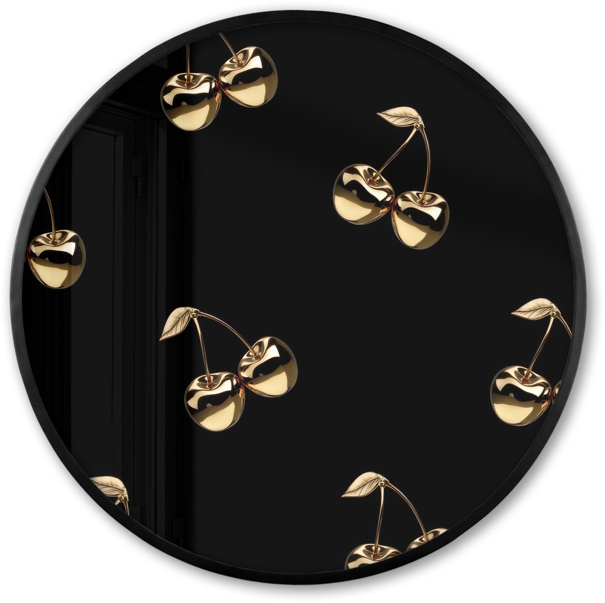 FrameYourWall Poster in lijst Rond - Fotolijst 60x60 cm - Posters - Patroon - Kersen - Goud - Chrome - Ronde posterlijst zwart - Decoratie - Wanddecoratie woonkamer - Muurdecoratie slaapkamer Kersen patroon