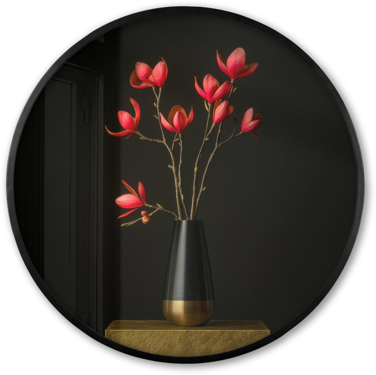 FrameYourWall Poster in lijst Rond - Fotolijst 80x80 cm - Posters - Rode - Bloemen - Vaas - Ronde posterlijst zwart - Decoratie - Wanddecoratie woonkamer - Muurdecoratie slaapkamer Boeket - Bloemen 5