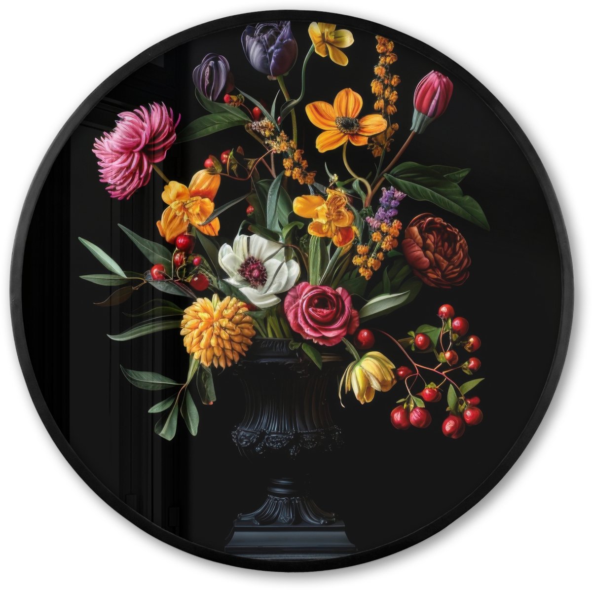 FrameYourWall Poster in lijst Rond - Fotolijst 60x60 cm - Posters - Sierlijk - Boeket - Bladeren - Ronde posterlijst zwart - Decoratie - Wanddecoratie woonkamer - Muurdecoratie slaapkamer Boeket - Bloemen 4