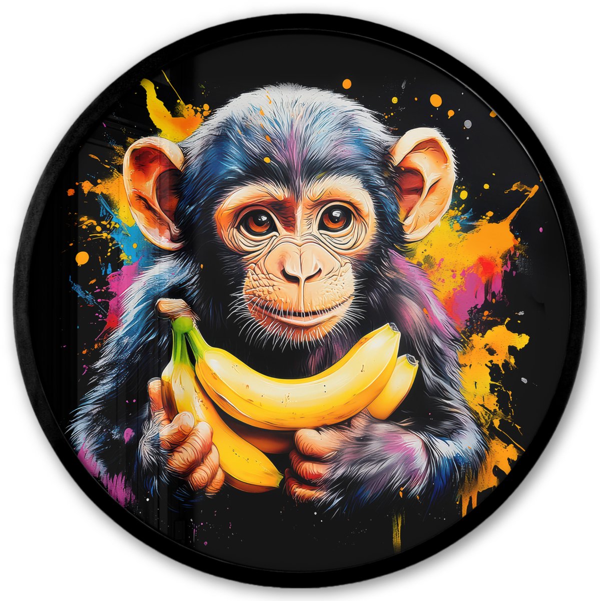 FrameYourWall Poster in lijst Rond - Fotolijst 40x40 cm - Posters - Aap - Graffiti - Kleurrijk - Bananen - Modern - Ronde posterlijst zwart - Decoratie - Wanddecoratie woonkamer - Muurdecoratie slaapkamer Graffiti - Aap