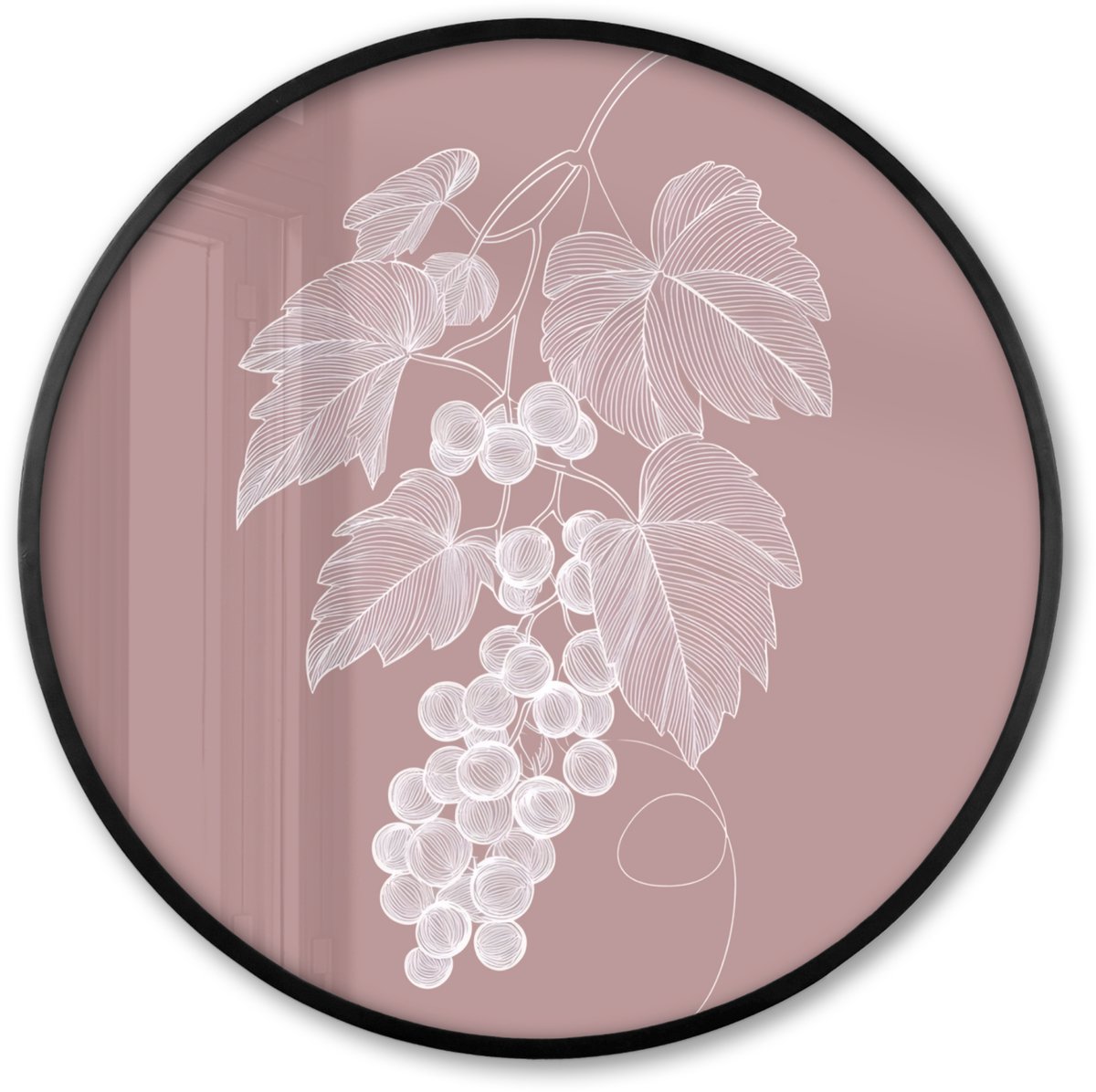 FrameYourWall Poster in lijst Rond - Fotolijst 80x80 cm - Posters - Tros - Druiven - Illustratie - Bladeren - Ronde posterlijst zwart - Decoratie - Wanddecoratie woonkamer - Muurdecoratie slaapkamer