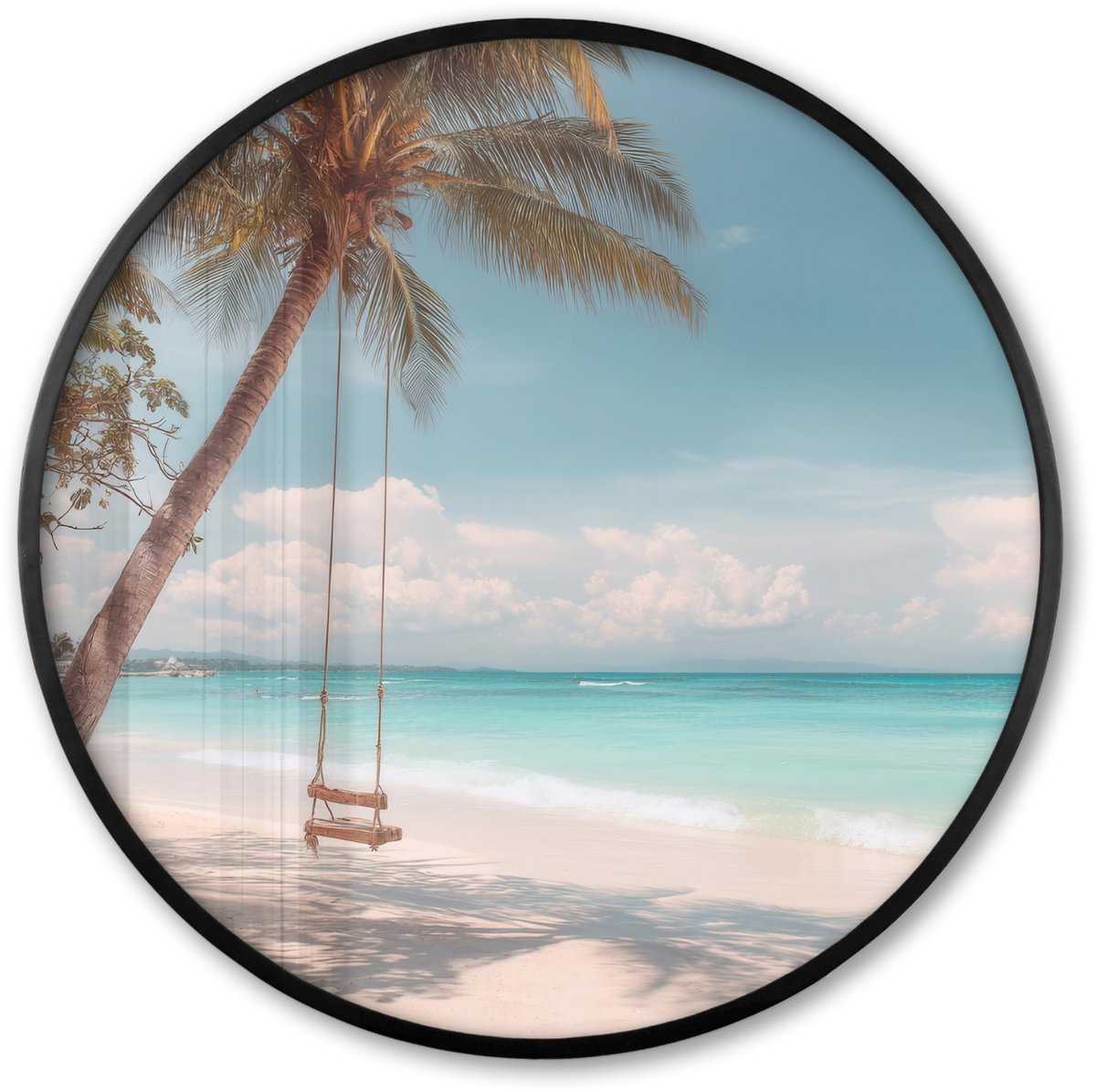 FrameYourWall Poster in lijst Rond - Fotolijst 60x60 cm - Posters - Palmboom - Schommel - Strand - Lucht - Ronde posterlijst zwart - Decoratie - Wanddecoratie woonkamer - Muurdecoratie slaapkamer