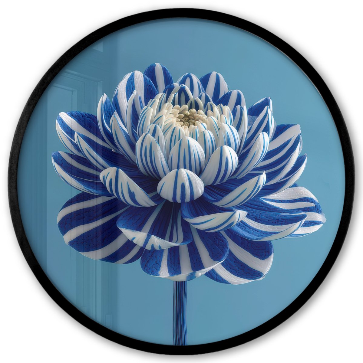FrameYourWall Poster in lijst Rond - Fotolijst 40x40 cm - Posters - Bloem - Blauw - Bloemblaadjes - Streepjes - Ronde posterlijst zwart - Decoratie - Wanddecoratie woonkamer - Muurdecoratie slaapkamer