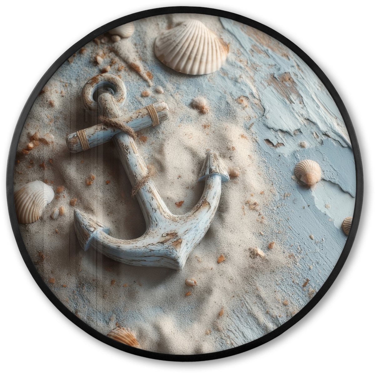 FrameYourWall Poster in lijst Rond - Fotolijst 80x80 cm - Posters - Anker - Hout - Schelpen - Zand - Ronde posterlijst zwart - Decoratie - Wanddecoratie woonkamer - Muurdecoratie slaapkamer