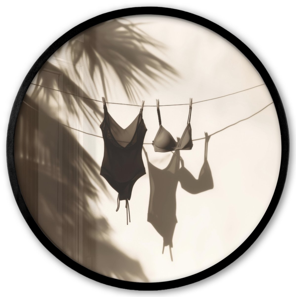 FrameYourWall Poster in lijst Rond - Fotolijst 40x40 cm - Posters - Badkleding - Palmbomen - Schaduw - Tropisch - Ronde posterlijst zwart - Decoratie - Wanddecoratie woonkamer - Muurdecoratie slaapkamer Badkleding - Waslijn - Tropisch