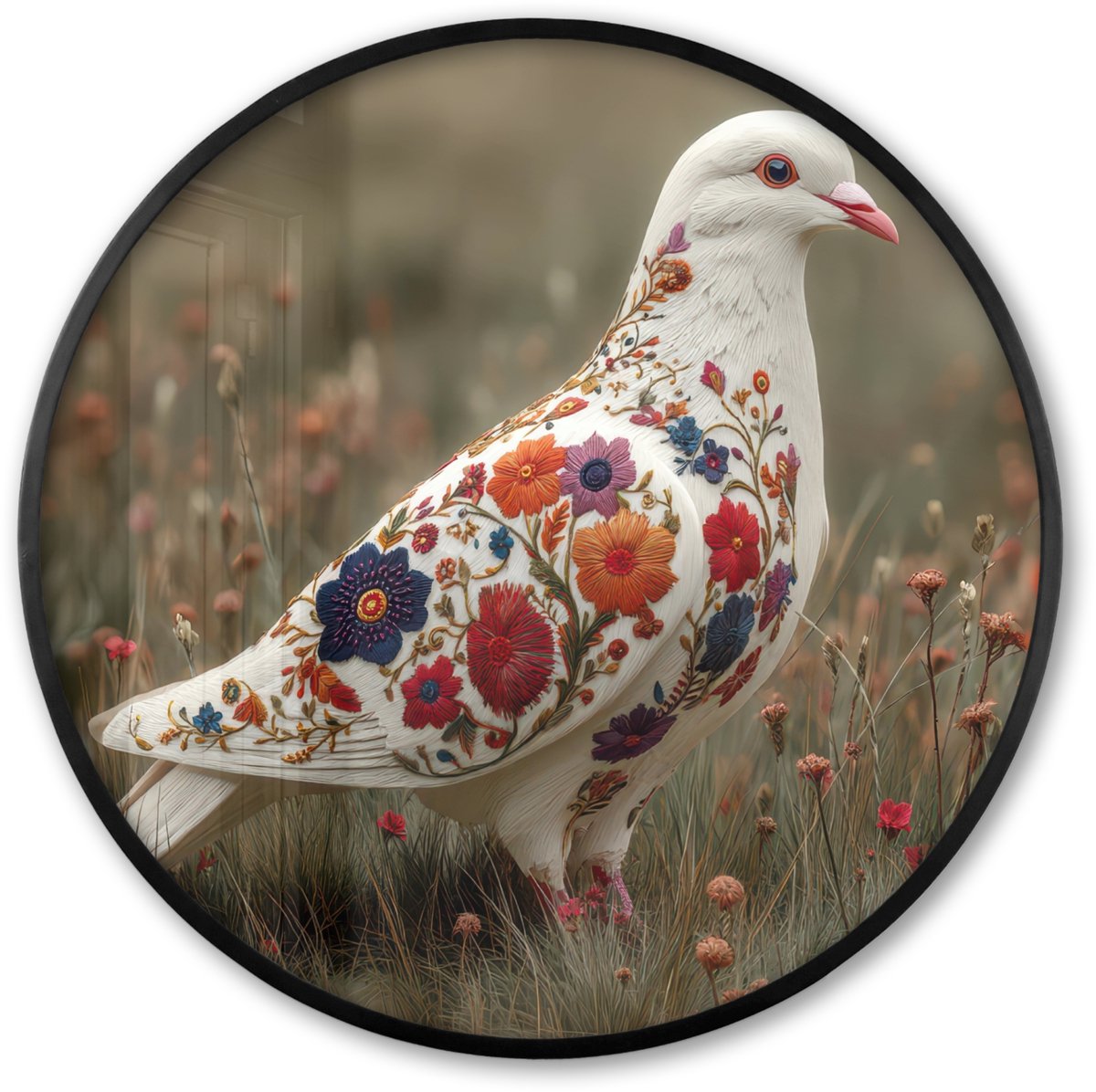 FrameYourWall Poster in lijst Rond - Fotolijst 60x60 cm - Posters - Duif - Bloemen - Natuur - Ronde posterlijst zwart - Decoratie - Wanddecoratie woonkamer - Muurdecoratie slaapkamer