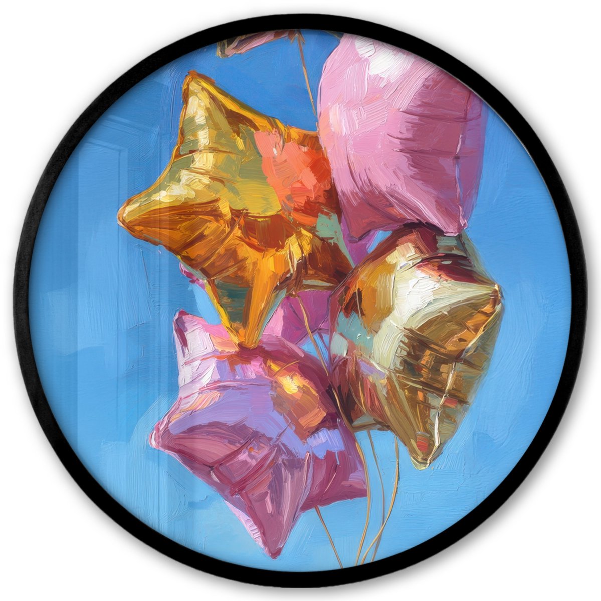 FrameYourWall Poster in lijst Rond - Fotolijst 40x40 cm - Posters - Ballonnen - Goud - Stervorm - Roze - Ronde posterlijst zwart - Decoratie - Wanddecoratie woonkamer - Muurdecoratie slaapkamer