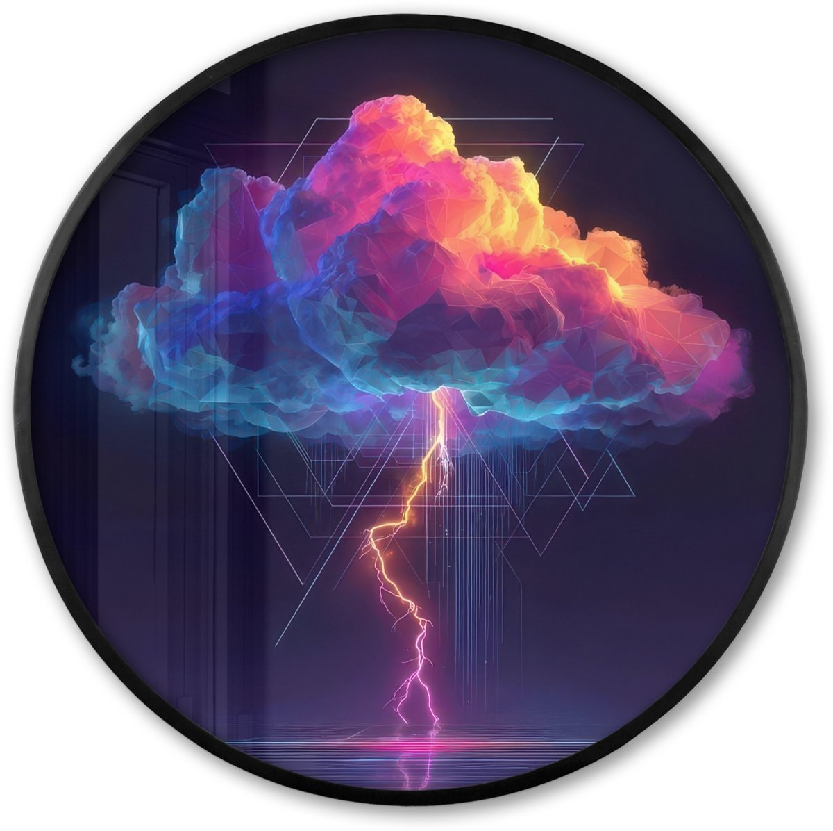 FrameYourWall Poster in lijst Rond - Fotolijst 80x80 cm - Posters - Donderwolk - Bliksemschicht - Licht - Blauw - Ronde posterlijst zwart - Decoratie - Wanddecoratie woonkamer - Muurdecoratie slaapkamer Wolk - Bliksemschicht - Driehoeken