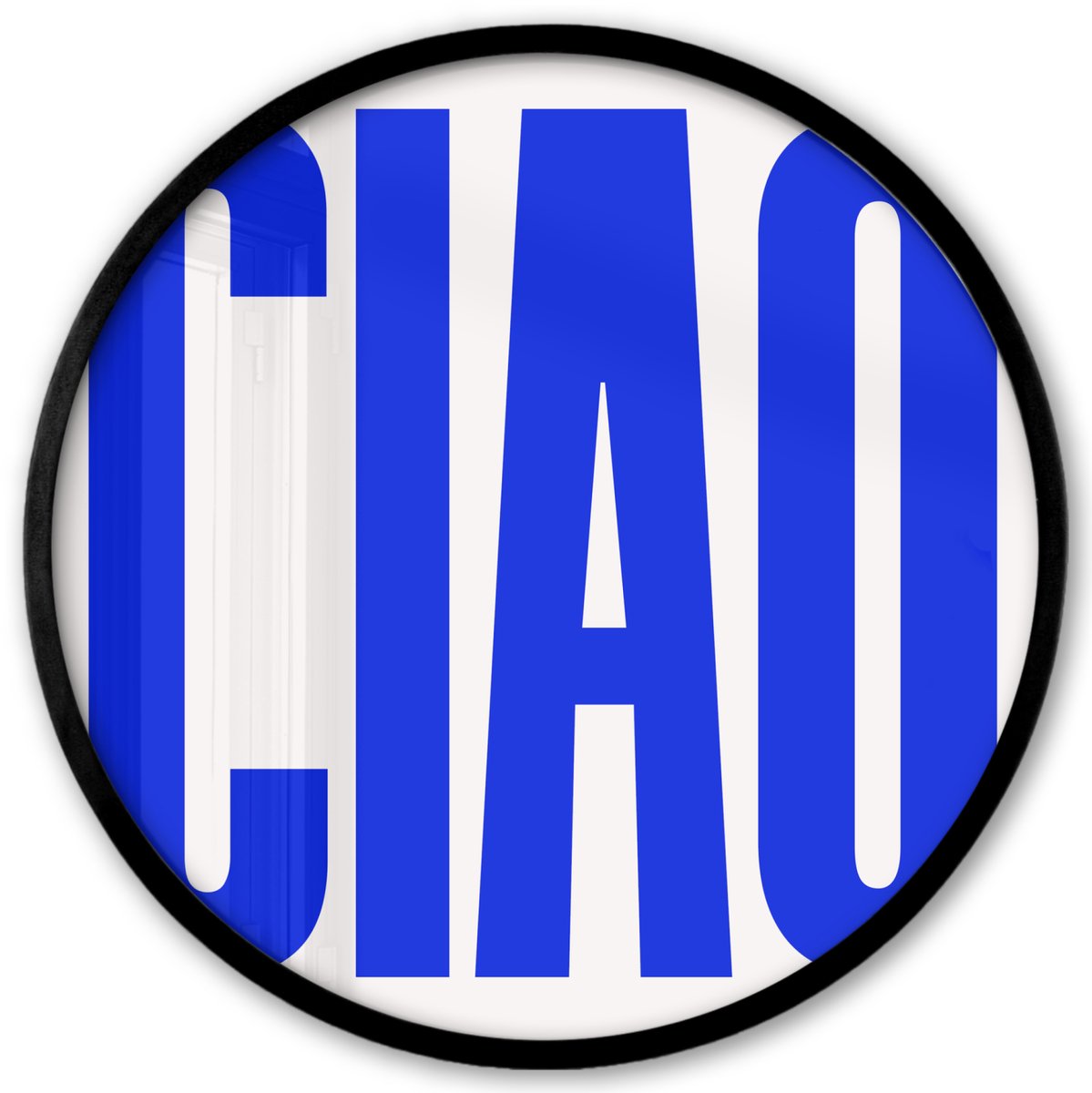 FrameYourWall Poster in lijst Rond - Fotolijst 40x40 cm - Posters - Ciao - Hoofdletters - Blauw - Minimalistisch - Ronde posterlijst zwart - Decoratie - Wanddecoratie woonkamer - Muurdecoratie slaapkamer Tekst - Ciao