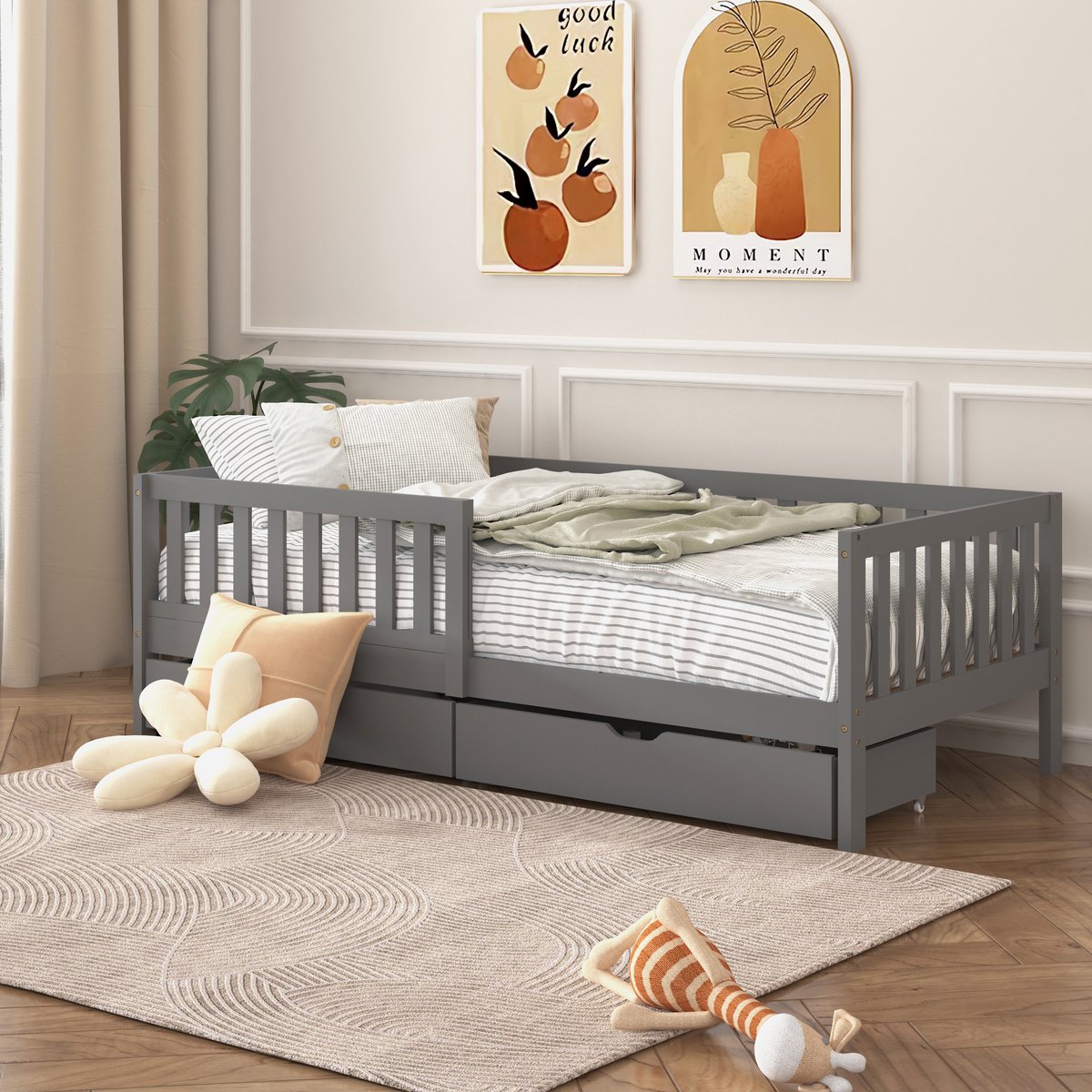 Sunny Isa Kinderbed – Met 2 Opberglades – Kajuitbed met Uitvalbeveiliging - 206 x 98 cm – Peuterbed Meisjes en Jongens – FSC 100% Hout – Met Lattenbodem – Exclusief Matras - Grijs
