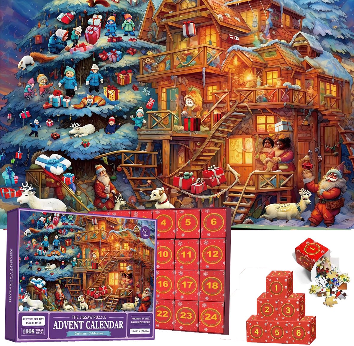 Adventskalender 2026 - Adventskalender puzzel - Adventskalender 2026 - Kerstpuzzel Creatieve Aftelkalender 2026 - Adventskalender 1008 stuks - Aftellen naar 24 dagen - 70x50 cm
