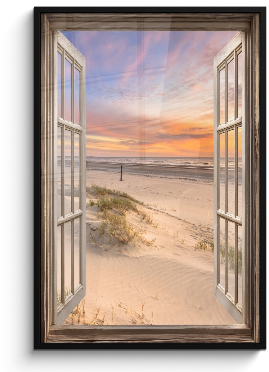 FrameYourWall Poster in lijst - Fotolijst 80x120 cm - Posters - Doorkijk - Strand - Duinen - Natuur - Landschap - Posterlijst zwart - Decoratie - Wanddecoratie woonkamer - Muurdecoratie slaapkamer Zonsondergang - Strand