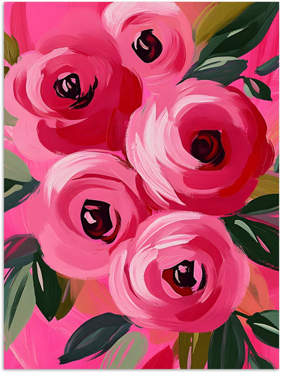 Poster 60x80 cm - Bloemen - Verf - Roze - Posters - Kamer decoratie - Wanddecoratie woonka