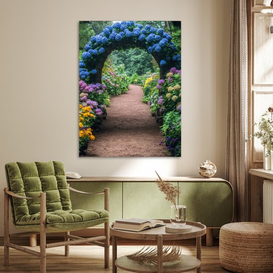 Poster 90x120 cm - Doorkijk - Bloemen - Hortensia - Pad - Posters - Kamer decoratie - Wanddecoratie woonkamer - Muurdecoratie slaapkamer