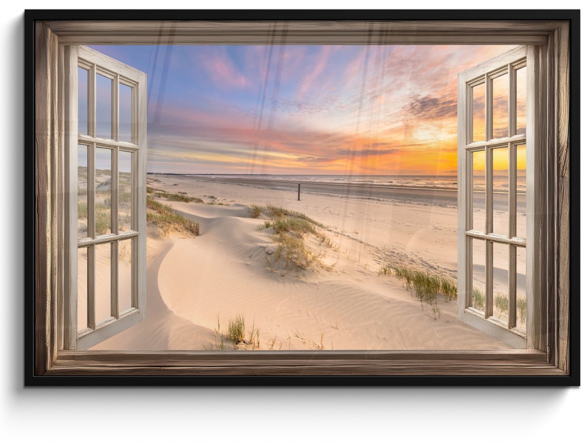 FrameYourWall Poster in lijst - Fotolijst 120x80 cm - Posters - Doorkijk - Strand - Duinen - Natuur - Landschap - Posterlijst zwart - Decoratie - Wanddecoratie woonkamer - Muurdecoratie slaapkamer Zonsondergang - Strand