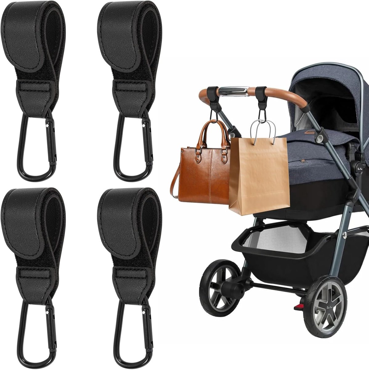 Image of 4-delige zwarte kinderwagenclip - 16×3cm - PU-leren kinderwagenhaak - Voor tassen, kinderwagens, luiers, rugzakken, boodschappen, buitengebruik