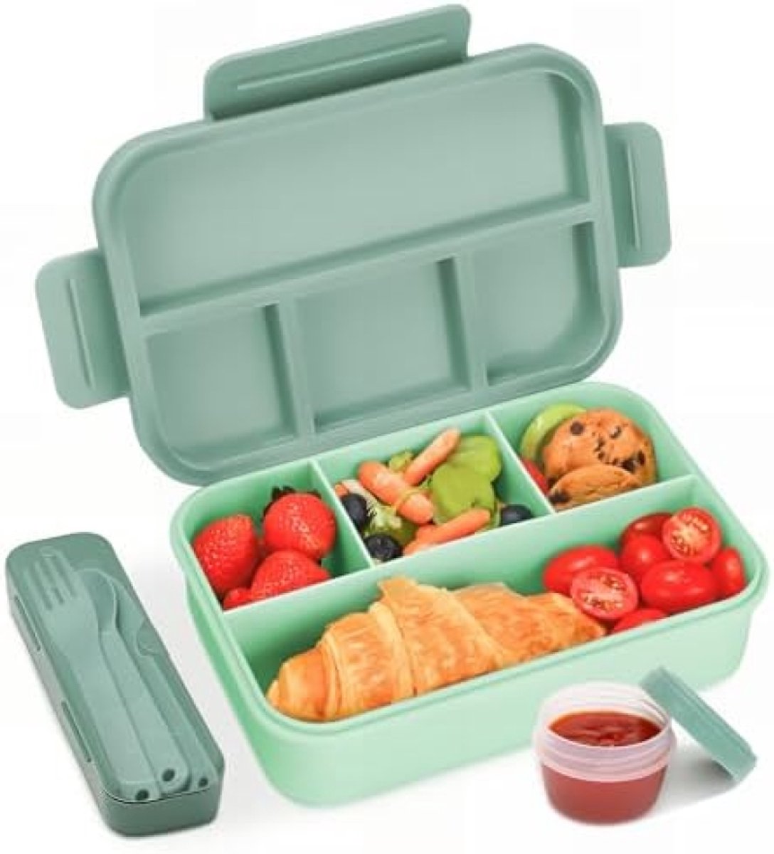 PromoHome Lunchbox met 4 Vakken - 1300 ml Lekvrije Bento Box voor Kinderen en Volwassenen - Vaatwasser- en Magnetronbestendig - Donkergroen