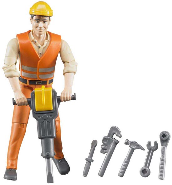 Figuur van een bouwvakker in oranje outfit, met gele helm, die een boorhamer vasthoudt. Vijf gereedschappen liggen ernaast.