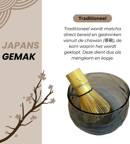 Bamboe matcha klopper in een grijze, geribbelde theekom. Bloesemtakje ernaast.