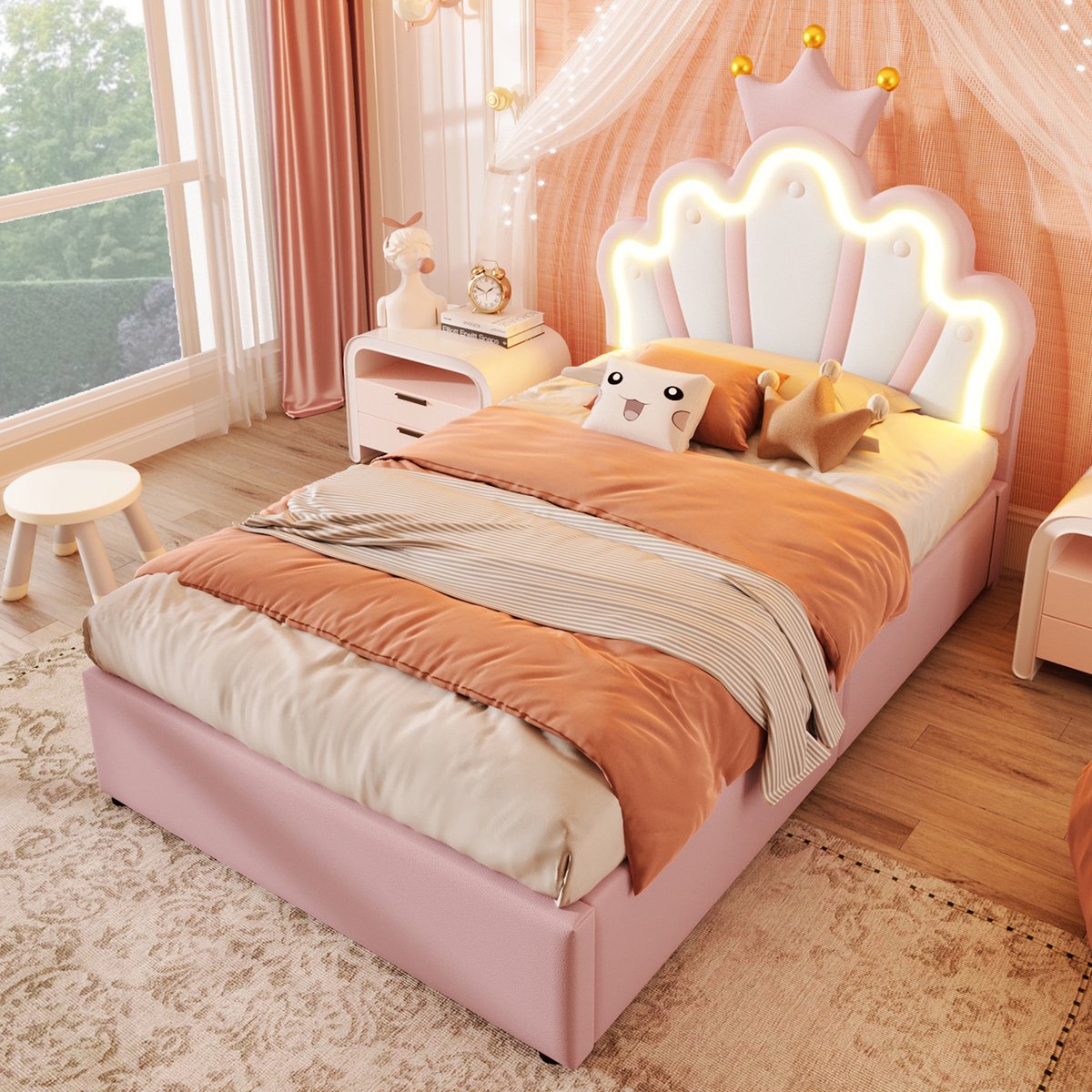 Merax Gestoffeerd bed - 90 x 200 cm - zonder matras - met LED-verlichting - kroonprinsessenbed - verstelbaar hoofdeinde - PU - roze