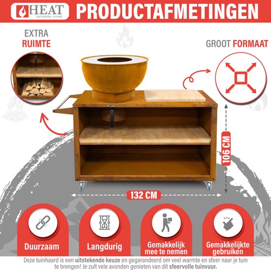 HEAT Outdoor Living Buitenkeuken Trolle Roest - Barbecue met Opslag - Mobiele Buitenkeuken - Barbecue Plancha - Grillen - Staal - Incl. Snijplank - Sfeervolle Avonden met Vrienden en Familie - 117x46x106cm van HEAT Outdoor Living — afbeelding 4