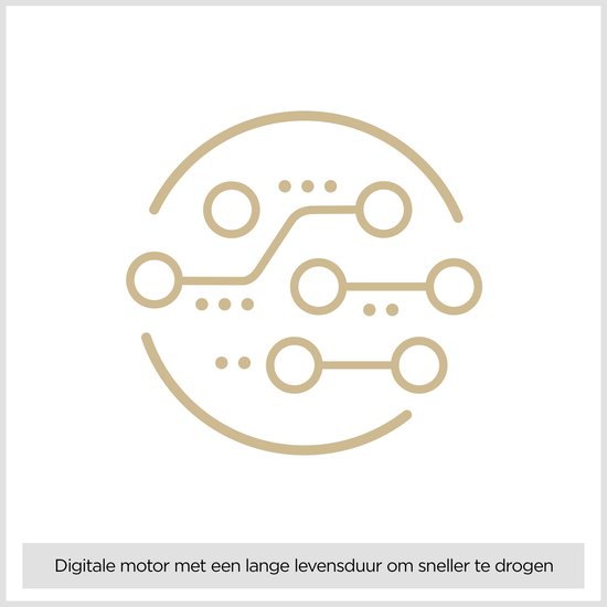 Gouden lijntekening van een printplaat met de tekst 'Digitale motor met een lange levensduur om sneller te drogen'.