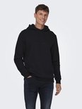 Man met bruine haren lach met zijn hand in de zak van een zwarte hoodie met capuchon en touwtjes.