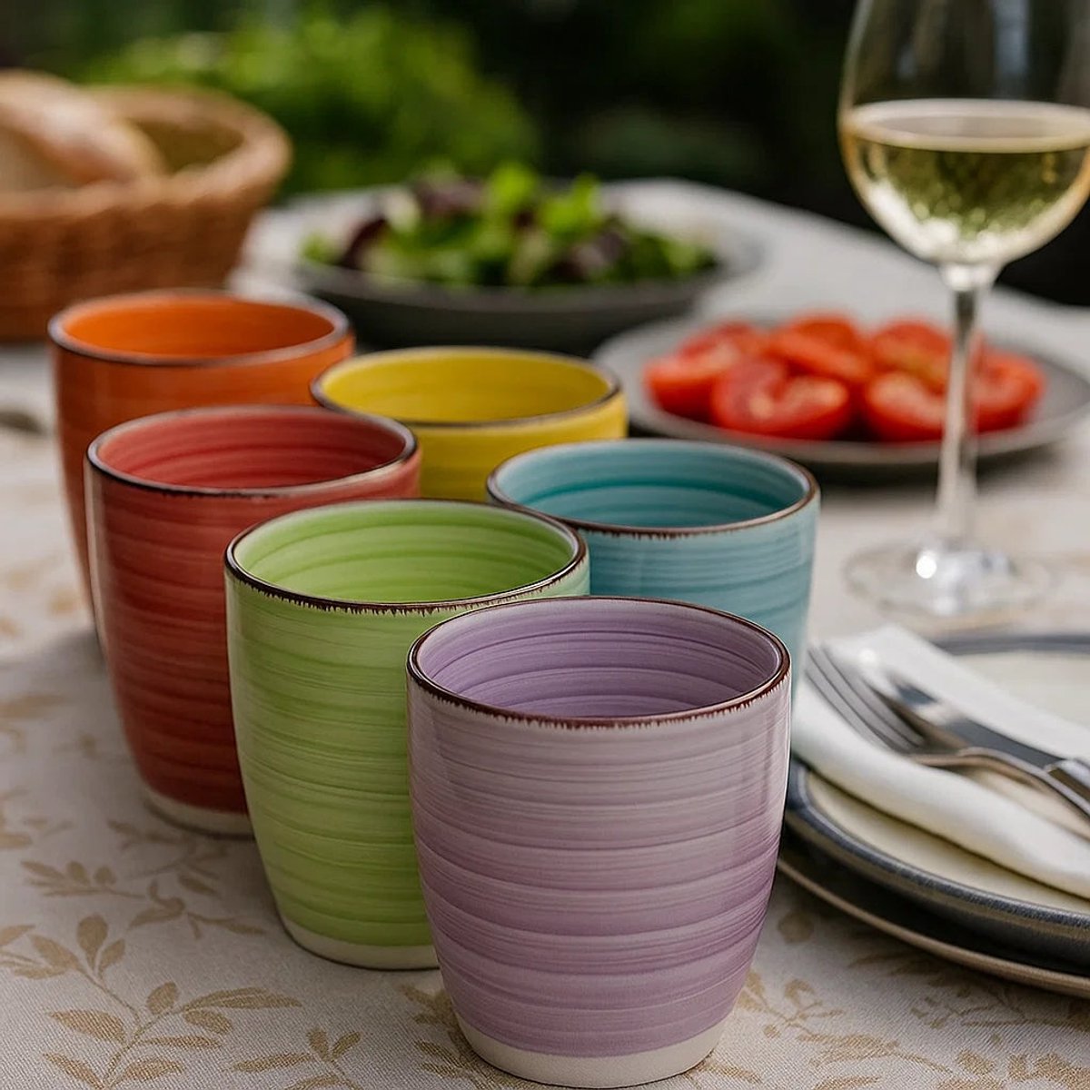 Studio Tavola Bekers Sunny Summer Vrolijke Mix Geel/Rood/Oranje/Paars/Groen/Blauw - 6 Stuks 350 ml Ø 8,8 cm Aardewerk - Vaatwasser-, Magnetron- & Ovenbestendig — afbeelding 2