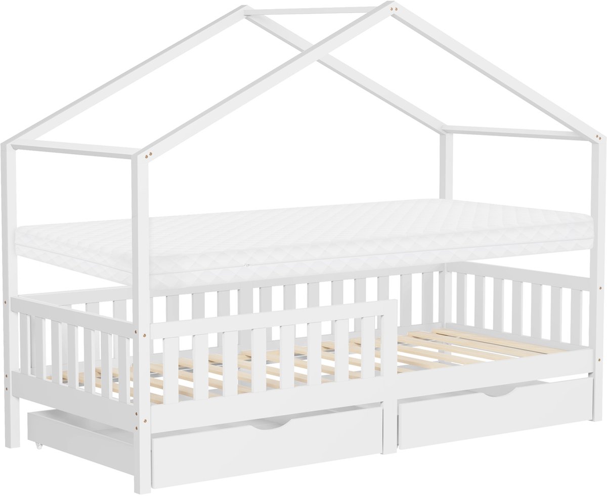ml-design kinderbed huisbed 90x200 cm wit met matras H:10 cm houten bed met 2 lades valbeveiliging Montessori speelbed van grenenhout juniorbed kinderkamer meisjes jongens houten kinderhuisbed vloerbed slaapbed