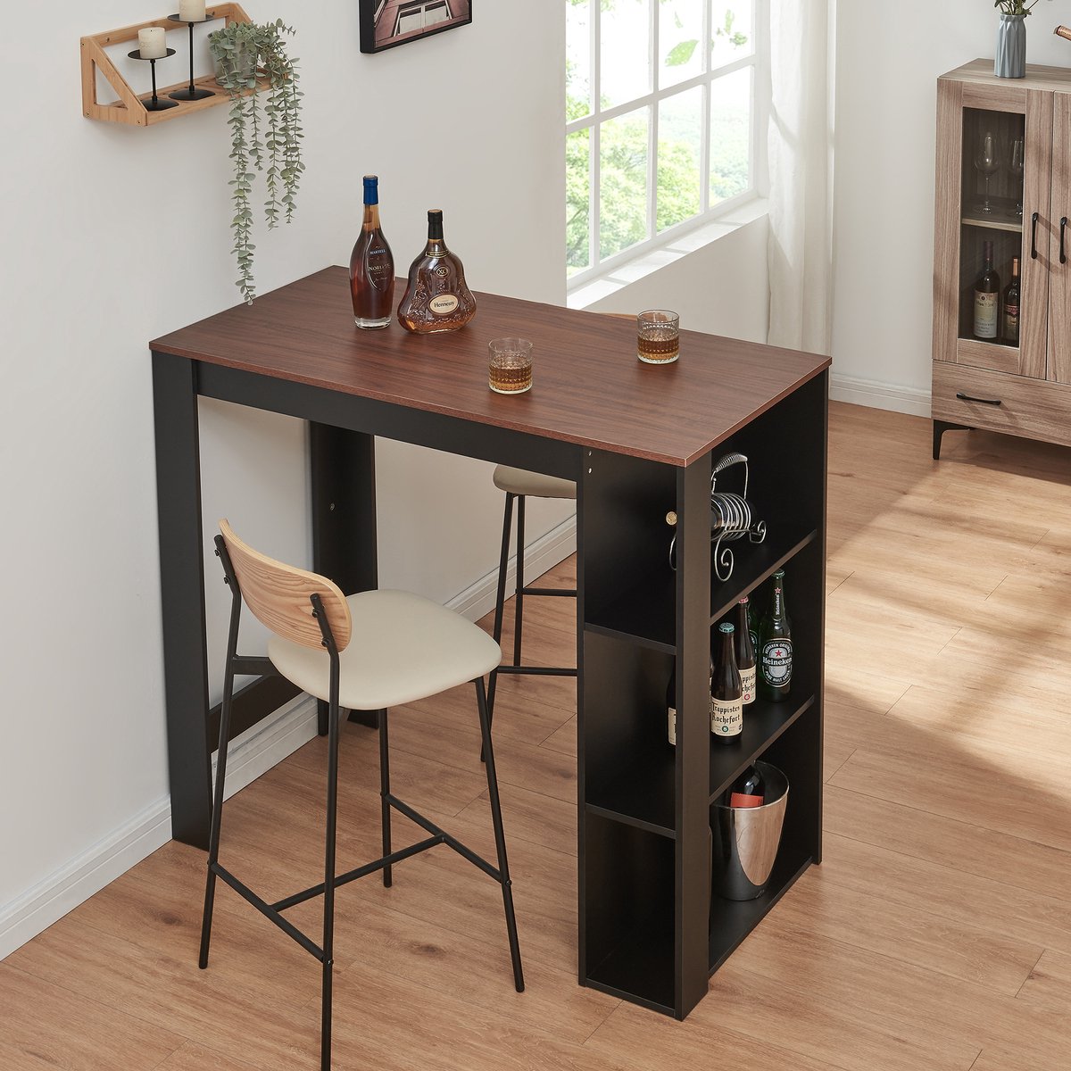 Bartafel Danderyd met 3 planken 120x60x105,5 cm zwart en walnootkleurig [en.casa]