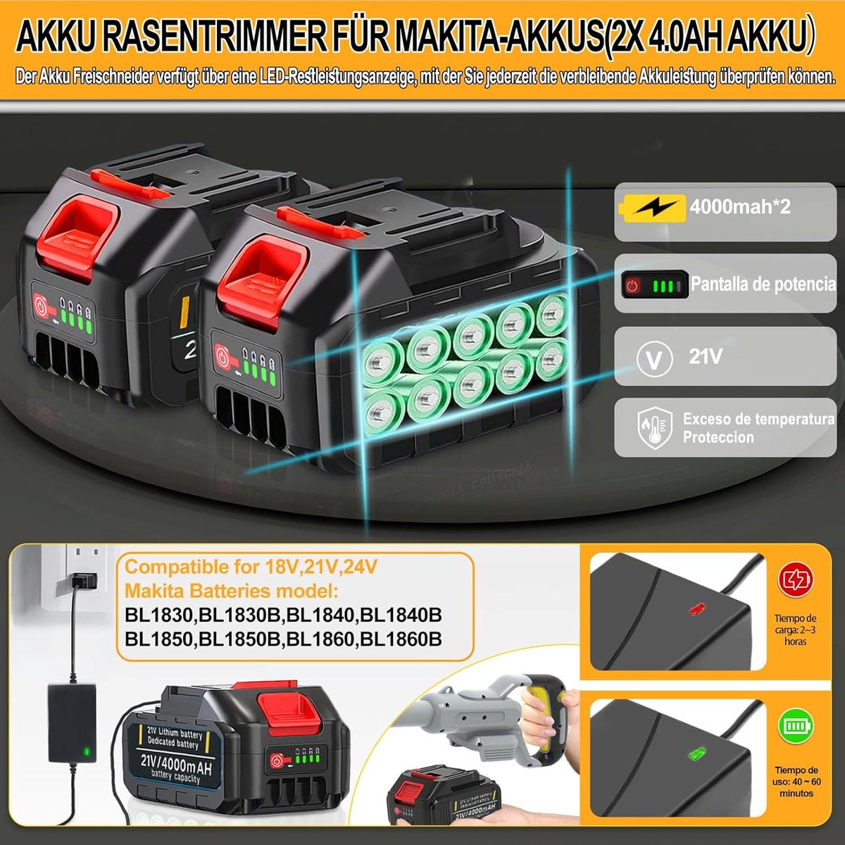 Traumheim Accu Grasmaaier - Elektrische Grastrimmer met 2x 4.0Ah Accu & Lader - Onkruidwieder voor Tuinonderhoud - Inclusief Onkruidborstel & Voegenborstel - 750W Accu Grasmaaier - Oranje – foto 4