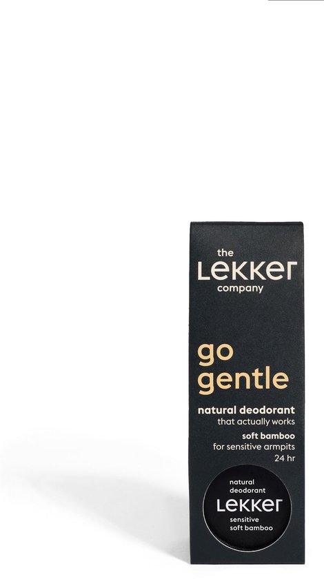 Zwarte verpakking voor "the Lekker company" natuurlijke deodorant, zacht bamboe, voor gevoelige oksels.