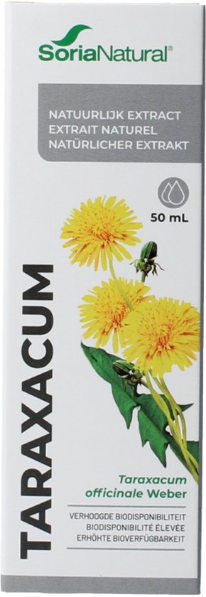 Doos Soria Natural Taraxacum met paardenbloemen, tekst en 50 ml vermelding.