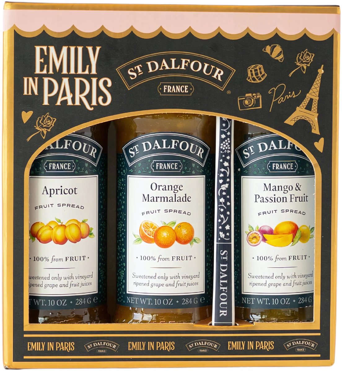 St. Dalfour Confiture Cadeauset – Emily in Paris Editie – 100% fruit, zonder toegevoegde suiker, glutenvrij – 3x284g (Abrikoos/Sinaasappel/Mango-Passievrucht) met lepel