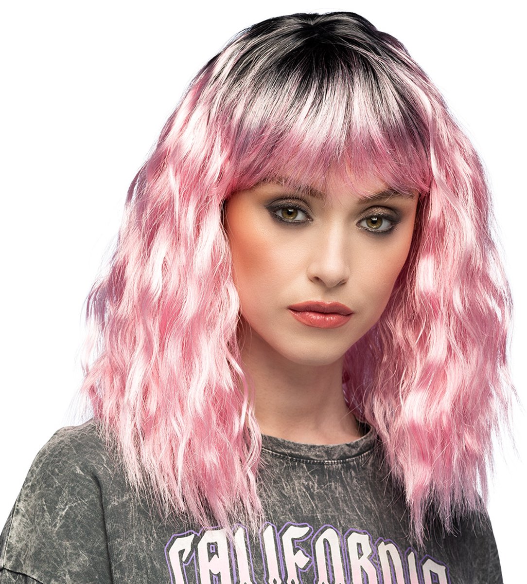 Boland - Pruik Ethel Roze - Golvend - Halflang - Vrouwen - Rocker - Punk - Cosplay - Carnaval - Themafeest