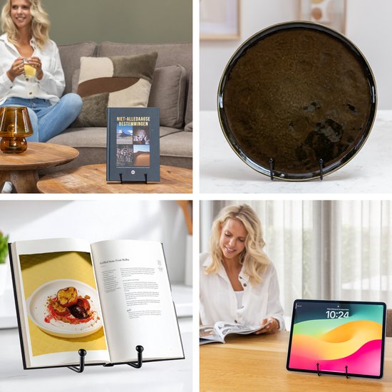 Een collage met een boek, een schaal, een LP en een tablet, allemaal op displaystandaarden.
