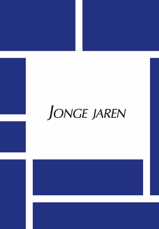 Blauwe abstracte geometrische lay-out met tekst 'JONGE JAREN'.