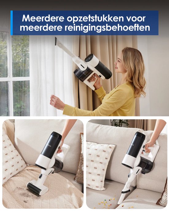 Vrouw gebruikt een Tineco stofzuiger met opzetstukken aan het plafond en op een bank.