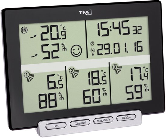 Zwart TFA Dostmann Multi-Sens basisstation met drie draadloze thermo-hygrozenders