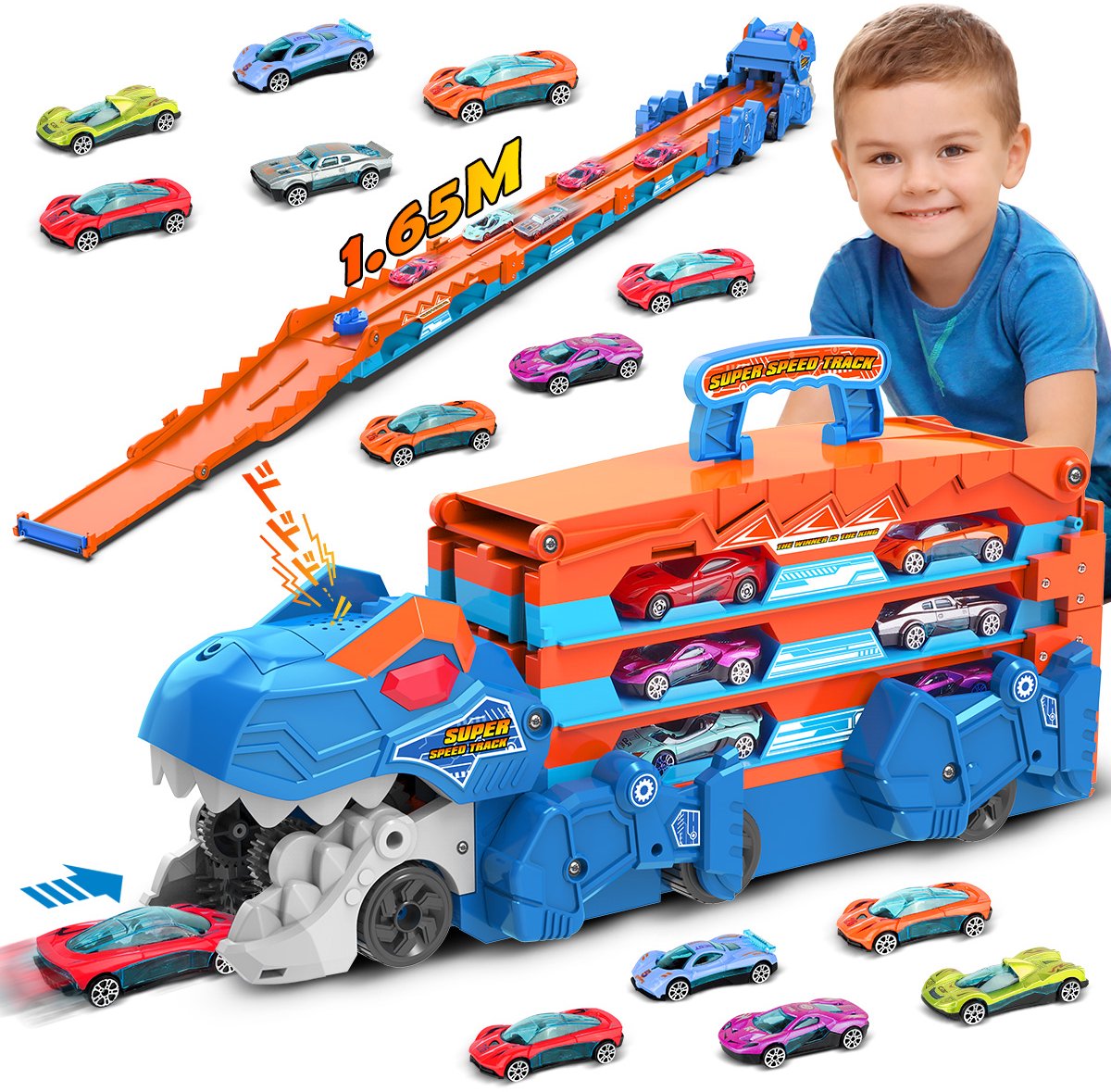 VATOS Dinosaurus Speelgoed vrachtwagen - 2-in-1 Uitwerpbare Opvouwbare Racewagen - 8 Raceauto Voertuigen Speelgoed Autos Jongens Kinderen 3-5 Jaar