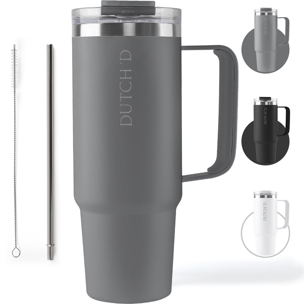 Tumbler Dutch'D ® - Thermosbeker - Travel Mug - Thermosfles - Thermosbeker Met Rietje - Thermoskan - Travel Cup 1 liter - Thermosbeker Met Handvat - Koffiebeker To Go - Grafiet Grijs