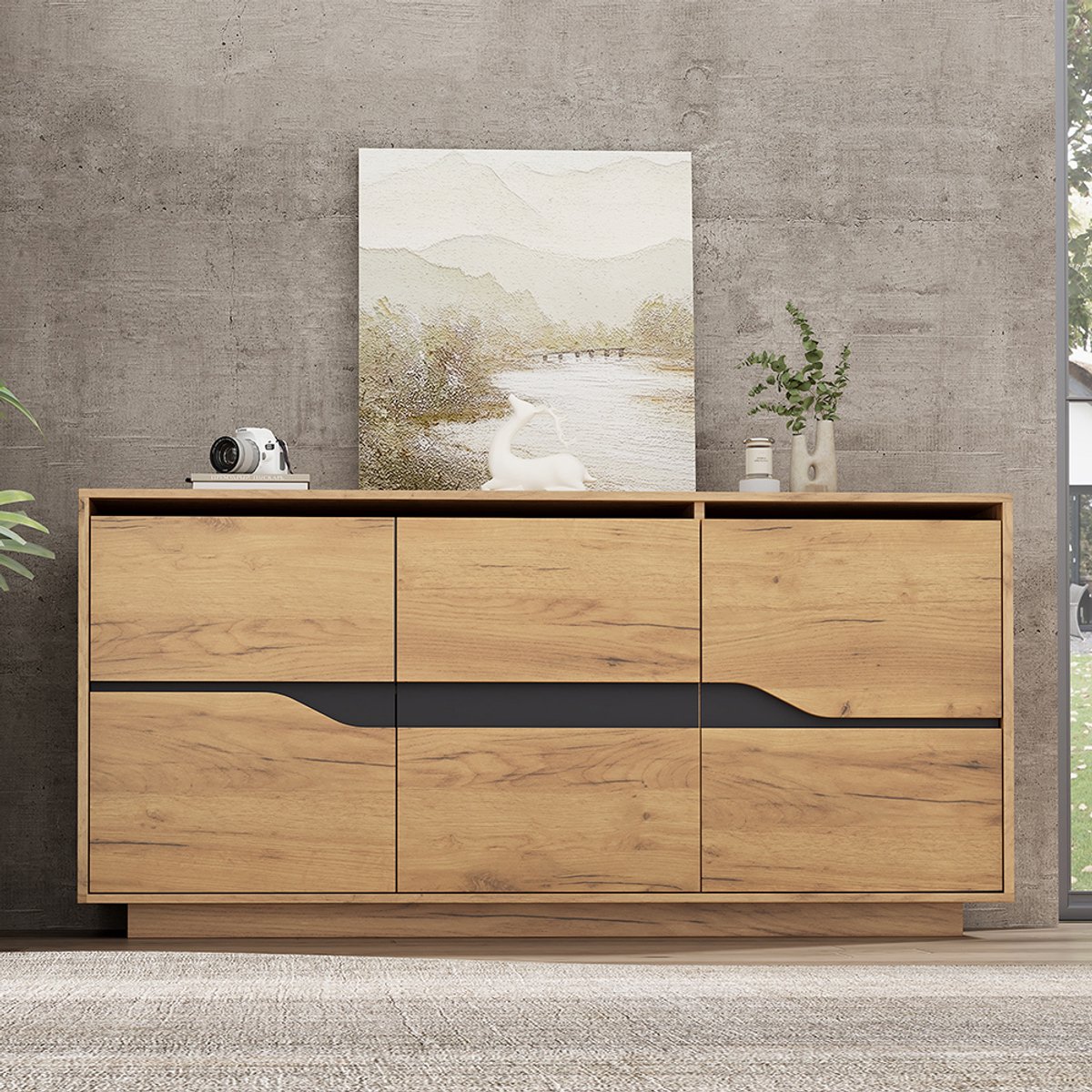Pugsdrly 140*40*76 cm woonkamercommode, dressoirs met 3 deuren, eetkamerkast met verstelbare scheidingswanden, brede kastjes zonder handgrepen, veelzijdig inzetbaar bijzettafeltje voor de bank, houtkleur + zwart